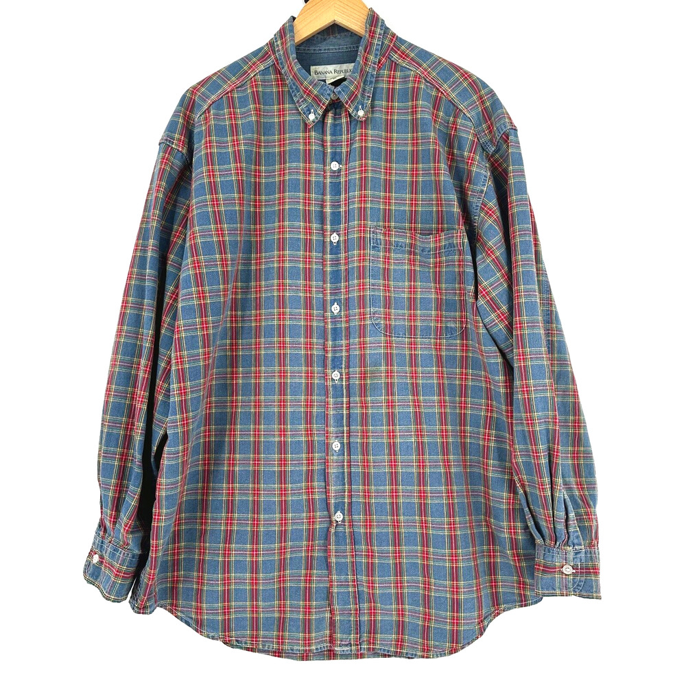 VTG 90s Banana Republic Mens Plaid Button Up Denim Shirt XL Preppy Outdoors Y2K
